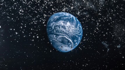 A view of Earth from the clearing systems perspective showcasing the magnitude of the debris problem in Earths orbit.