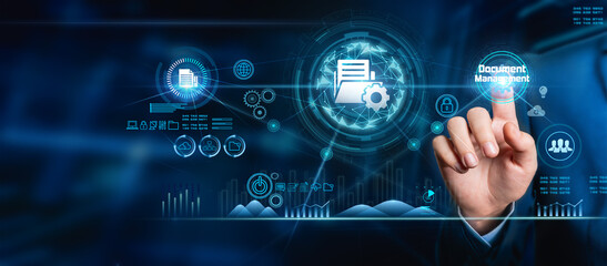 Document management system concept, business, technology, internet, and networking, businessman pressing document management button on virtual screens.