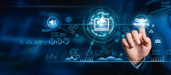 Digital marketing. Business using and drawing global structure networking on modern interface payments for online shopping Icon of customer network connection on virtual screen Plan and strategy.