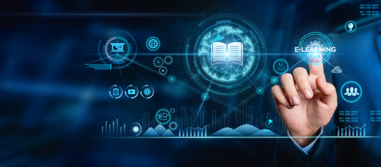 E-learning concept, touching the E-Learning icon on online education, e-learning education concept, learning online with webinars, reading or studying tutorials, internet lessons