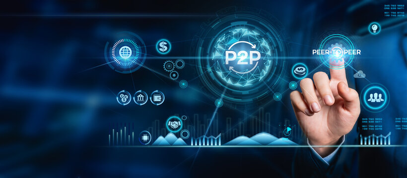 Concept of peer to peer .The businessman clicks on the P2P network connections. Businessman presses the button p2p peer-to-peer on the virtual interface.