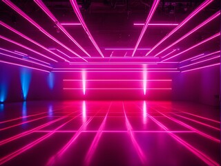 Empty night club stage illuminated with spotlights. Disco dancing area interior. Party background	
