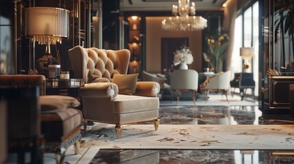 Opulent living space panorama, an armchair beckons in the lavish ambiance. HD lens encapsulates the grandeur with meticulous detail. - obrazy, fototapety, plakaty