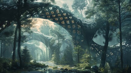 An enchanting and mystical forest with sunlight piercing through futuristic, organic architecture.