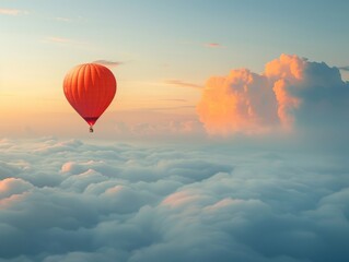 Fototapeta premium A serene hot air balloon drifts leisurely above a sea of clouds bathed in the warm light of the sunset.