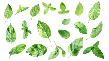 Set of fresh mint leaves on white background - obrazy, fototapety, plakaty