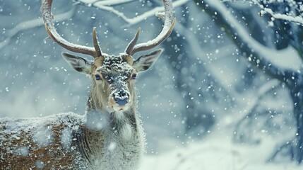 A winter wonder—a noble deer stands tall in a snowy forest. HD clarity captures the intricate beauty of nature's tableau.