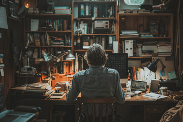 A man sits at a desk with a computer and a laptop. The desk is cluttered with books and papers....