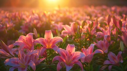 Dawn Over Pink Easter Lilies. Illustration with Generative AI.
