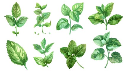 Set of fresh mint leaves on white background - obrazy, fototapety, plakaty