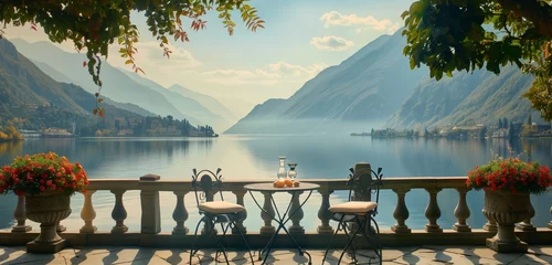 Foto op Plexiglas Chairs on a terrace, nature's canvas unfolds—rippling lake, verdant mountains. HD details weave a serene escape. © Muhammad
