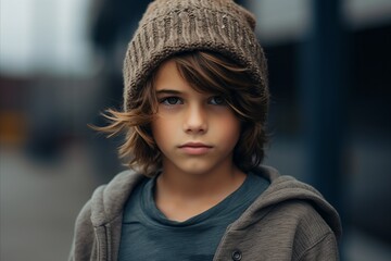Portrait of a boy in a hat on the street in the city