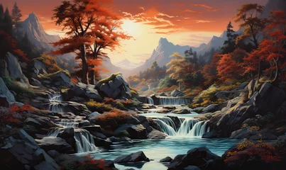 Fotobehang Watercolor, cascading landscape with a waterfall in the forest. © Andreas