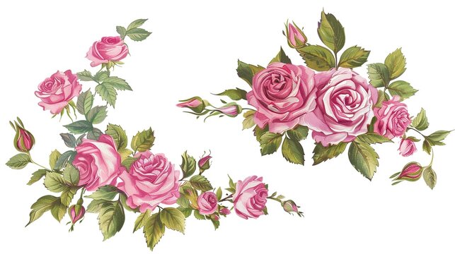 Set of floral watercolor. Flower pink rose, green leaves. Floral poster, invitation floral.  arrangements for greeting card or invitation design ,Generative ai