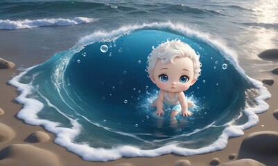 baby play along the ocean floor, leaving a trail of tiny bubbles behind symbol of the sea's magic