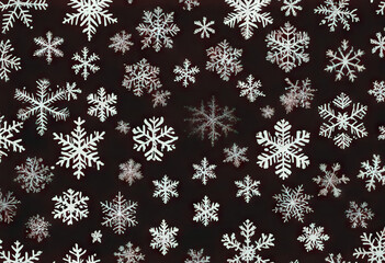 Naklejka na ściany i meble Seamless pattern with white snowflakes on red background. Flat line snowing icons cute snow flakes repeat wallpaper. Nice element for christmas banner wrapping