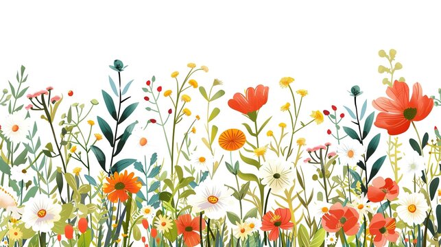 Horizontal White Banner Or Floral Background Decorated With Pretty Colorful Blooming Flowers And Leaves Border. Spring Botanical Flat Illustration On White Backgroun,Generative Ai