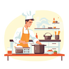 A chef cooking in a professional kitchen. flat vector