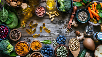 A vibrant display of organic superfoods, including nuts, seeds, vegetables, and oils, dietary supplement. Concept of integrative nutritionist, holistic therapist, health coach. - obrazy, fototapety, plakaty