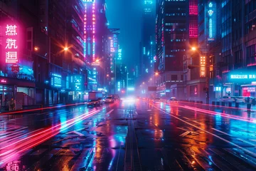 Zelfklevend Fotobehang A futuristic cityscape where neon lights pulse with the rhythm of life © MIA Studio