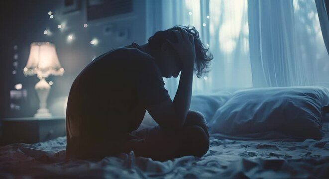 Someone sitting at the edge of their bed in the dark, head in hands