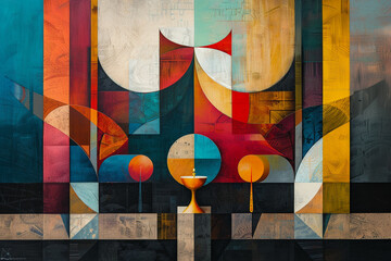 A modern depiction of communion symbols with geometric shapes and bold colors