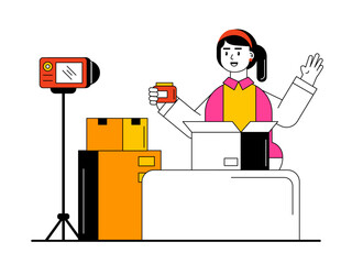 Girl doing product unboxing and review. Unboxing vector illustration.