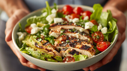 Top view of  salad with grilled chicken and Parmesan cheese..