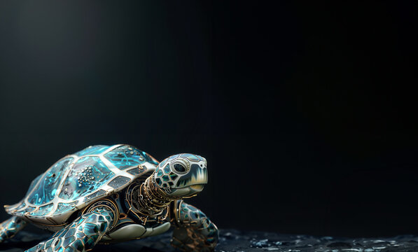 A robotic sea turtle with a shell adorned with intricate patterns of metal and glass