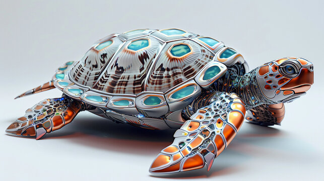 A robotic sea turtle with a shell adorned with intricate patterns of metal and glass