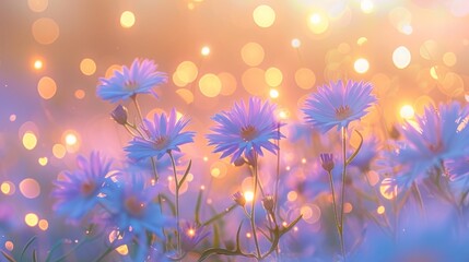Sunrise Radiance Amidst Lavender and Blue Aster Field. Generative AI.
