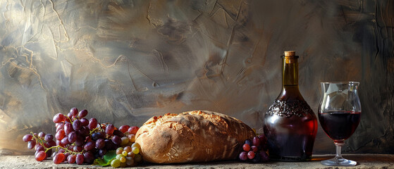 A traditional portrayal of communion with a large loaf of bread and overflowing cup of wine