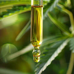 A close-up view of a single drop of cannabis oil hanging from a plant