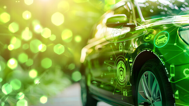 An eco - friendly sports car with a glossy finish, overlaid with a semi - transparent digital speedometer, against a bright green background.