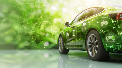 An eco - friendly sports car with a glossy finish, overlaid with a semi - transparent digital speedometer, against a bright green background. - obrazy, fototapety, plakaty