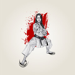 Vector illustration of a girl in karate martial arts. Abstract background.