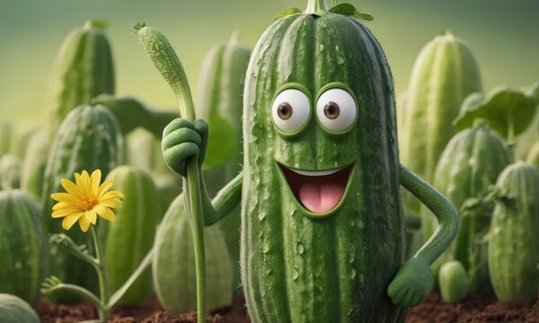 Naklejki green cucumber, zucchini, cartoon farmer face, vegetable sticker color icon on pastel background, healthy organic vegan diet food, for sale in store
