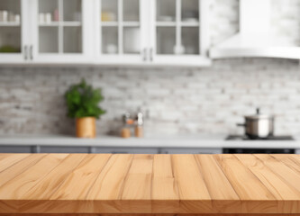 Table top for product display with blurred modern kitchen interior