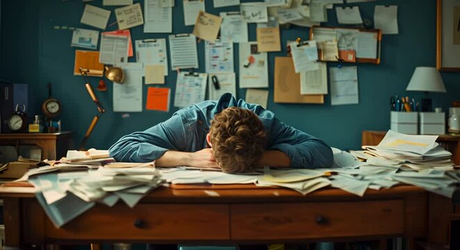 Person slumped over a desk with scattered papers, signifying defeat or exhaustion