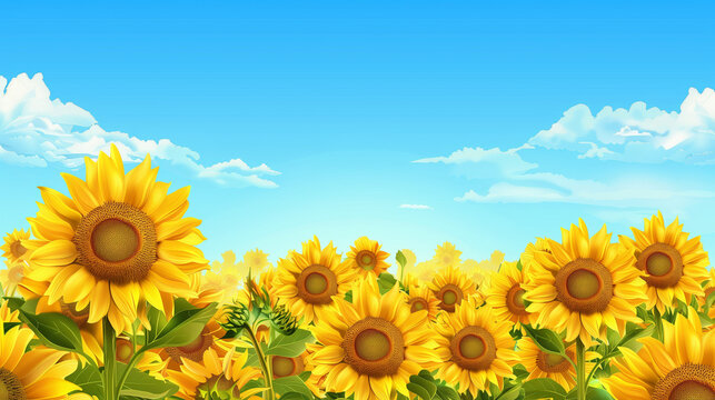 A field of sunflowers set against a blue sky background. Spring and summer mood. Copy space. Harvest.