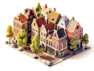 Amsterdam House building architecture with canal boats and trees in summer season holiday 3D isometric illustration on white background - 758551728