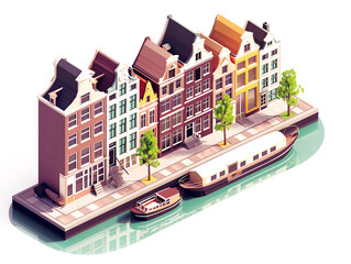 Amsterdam House building architecture with canal boats and trees in summer season holiday 3D isometric illustration - 758551752