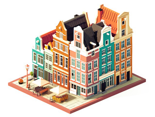 Amsterdam House building architecture with canal boats and trees in summer season holiday 3D isometric illustration on white background - 758551793