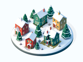 Colorful Scandinavian Nordic House village city circle with snow winter season holiday 3D isometric illustration flat color and simply design - 758551903