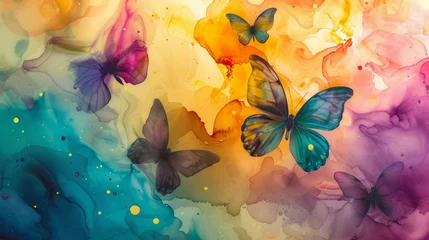 Papier Peint photo Lavable Papillons en grunge Abstract Butterfly Art on Canvas, Ink, Alcohol Ink Artwork, dreamy, magical, mystical, flying insects, wallpaper, background, bold colours, pinks and purples, golden, shimmering, clouds of colour