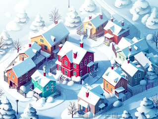 Colorful Scandinavian Nordic House in the snow falling place village city in winter season holiday 3D isometric illustration - 758551930