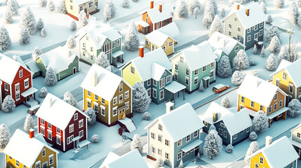 Colorful Scandinavian Nordic House in the snow falling place village city in winter season holiday 3D isometric illustration flat color and simply design - 758552139