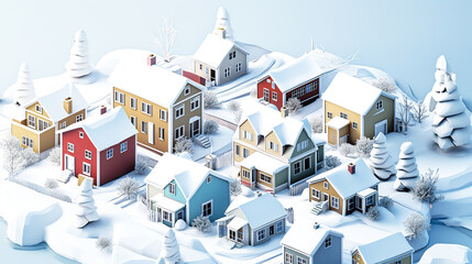 Colorful Scandinavian Nordic House in the snow falling place village city in winter season holiday 3D isometric illustration flat color and simply design - 758552167