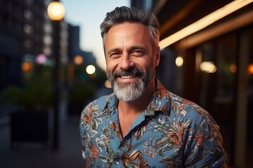 Portrait of a handsome mature man smiling in the city at night - obrazy, fototapety, plakaty