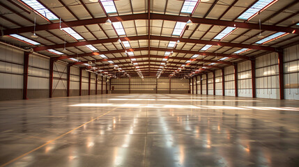 An expansive, empty commercial warehouse devoid of people